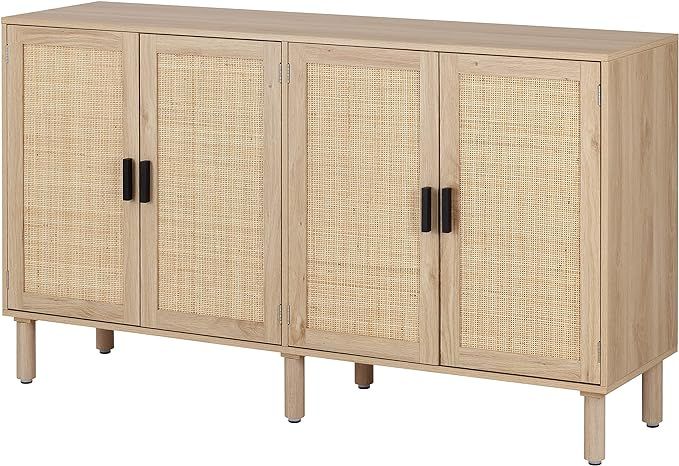 Finnhomy 4 Door Sideboard Buffet Cabinet, Kitchen Storage Cabinet with Rattan Decorated Doors, Cu... | Amazon (US)