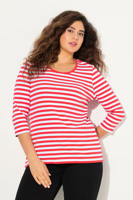 Striped 3/4 Sleeve Ribbed Jersey Tee | Ulla Popken - US