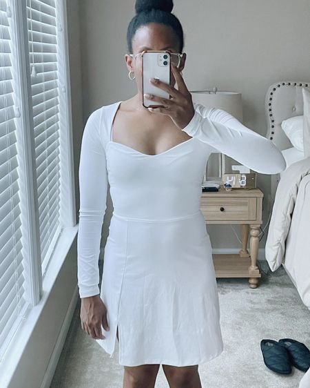 I am loving this dress! The material is breathable but it also gives you the warmth from the long sleeves. It has a small slit on the front near the thigh. Im obsessed with the sweetheart neckline. It comes in multiple colors. 

I’m wearing a size Small and it’s definitely TTS. It holds you close on the top and the middle but flares a little at the bottom.

Discreet Tip 101: It’s a little see through in the back but I would wear brown shorts or underwear underneath. 

•Follow for more styles!!•

#dress #white #amazon #wedding

#LTKStyleTip #LTKActive #LTKTravel