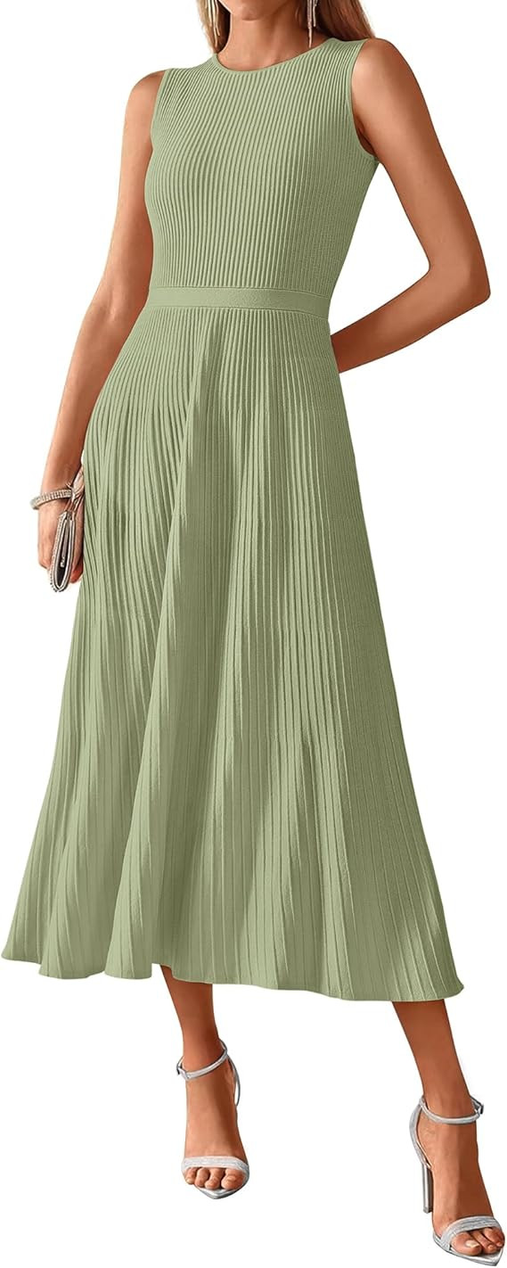 BTFBM Women Tank Midi Dress Summer Crewneck Sleeveless Pleated A Line Business Casual Formal Swea... | Amazon (US)