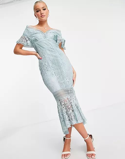 ASOS DESIGN Lace Dress with off shoulder and peplum hem | ASOS (Global)