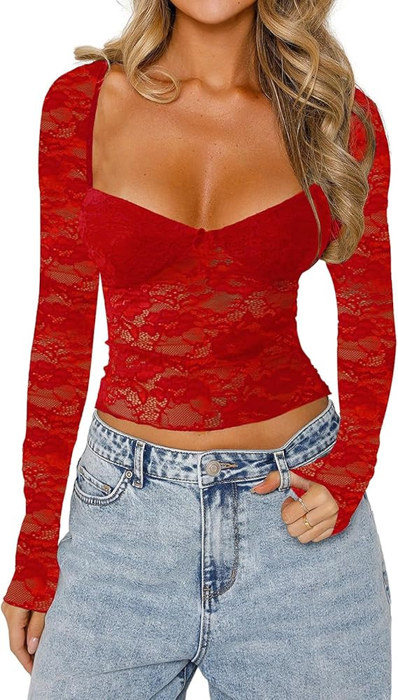 Sexy Lace Long Sleeve Shirts for Women Slim Fitted Low Cut Crop Tops Y2k Going Out Streetwear | Amazon (US)