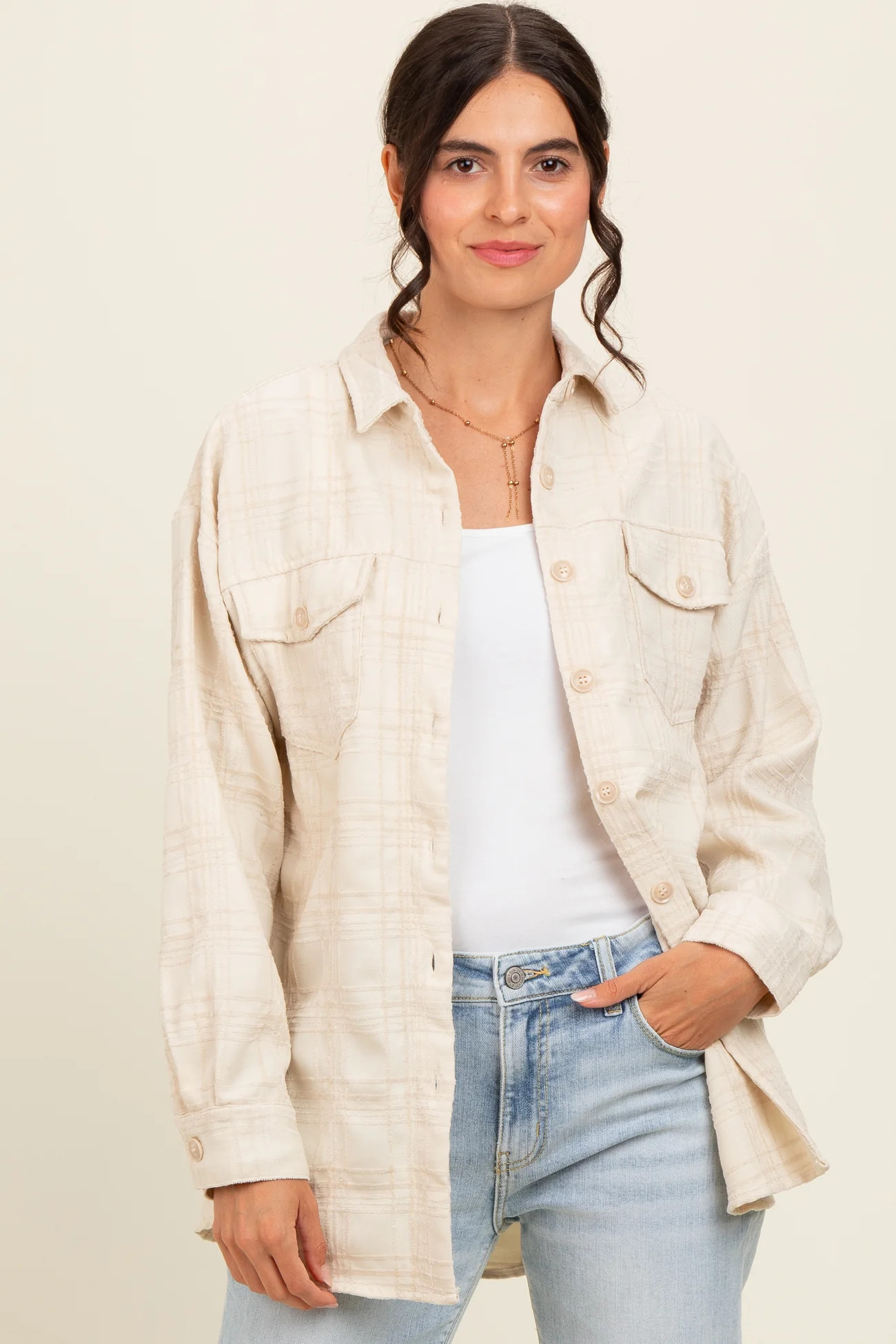Ivory Plaid Textured Shirt Jacket | PinkBlush Maternity