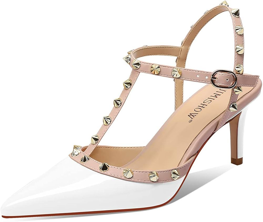 Jimishow Women Heeled Sandals with Studs Pointed Toe Ankle Strap Studded Heels 2.5'' Kitten Heels... | Amazon (US)