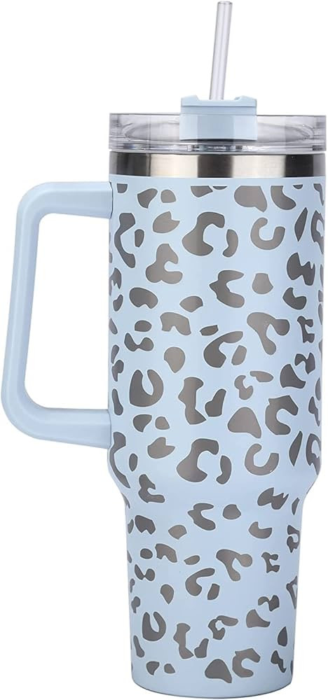 QEAGVJ 40oz Leopard Print Tumbler with Handle, Insulated Stainless Steel Blue leopard Coffee Mug ... | Amazon (US)