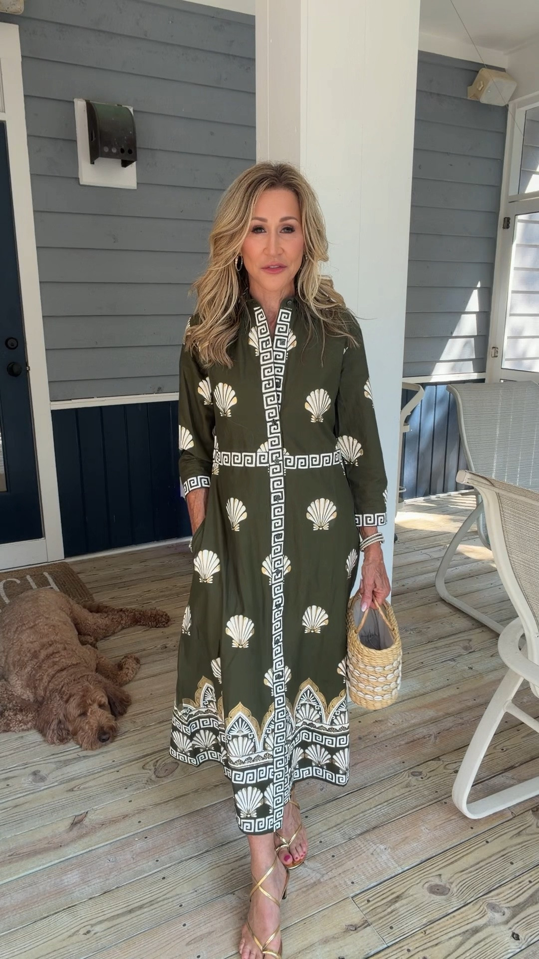 I’m so in love with this amazing dress from Jude Connally!  It’s such a perfect beachy dress with the shell motif and flecks of gold but it would also be perfect going into fall because of the olive green color!  I’ve paired it with gold kitten heel sandals and a wicker bag from Poolside.

#LTKootd #LTKSeasonal #LTKOver40