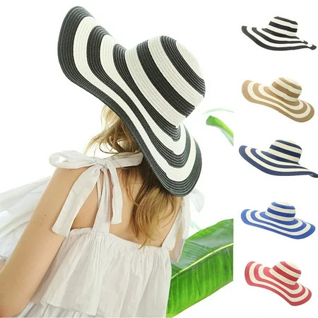 Visland Women s Beachwear Sun Hat Stripe Striped Straw Hat Floppy Beach Hat Foldable Wide Brim Cap f | Walmart (US)