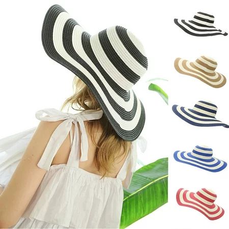 Visland Women s Beachwear Sun Hat Stripe Striped Straw Hat Floppy Beach Hat Foldable Wide Brim Cap f | Walmart (US)