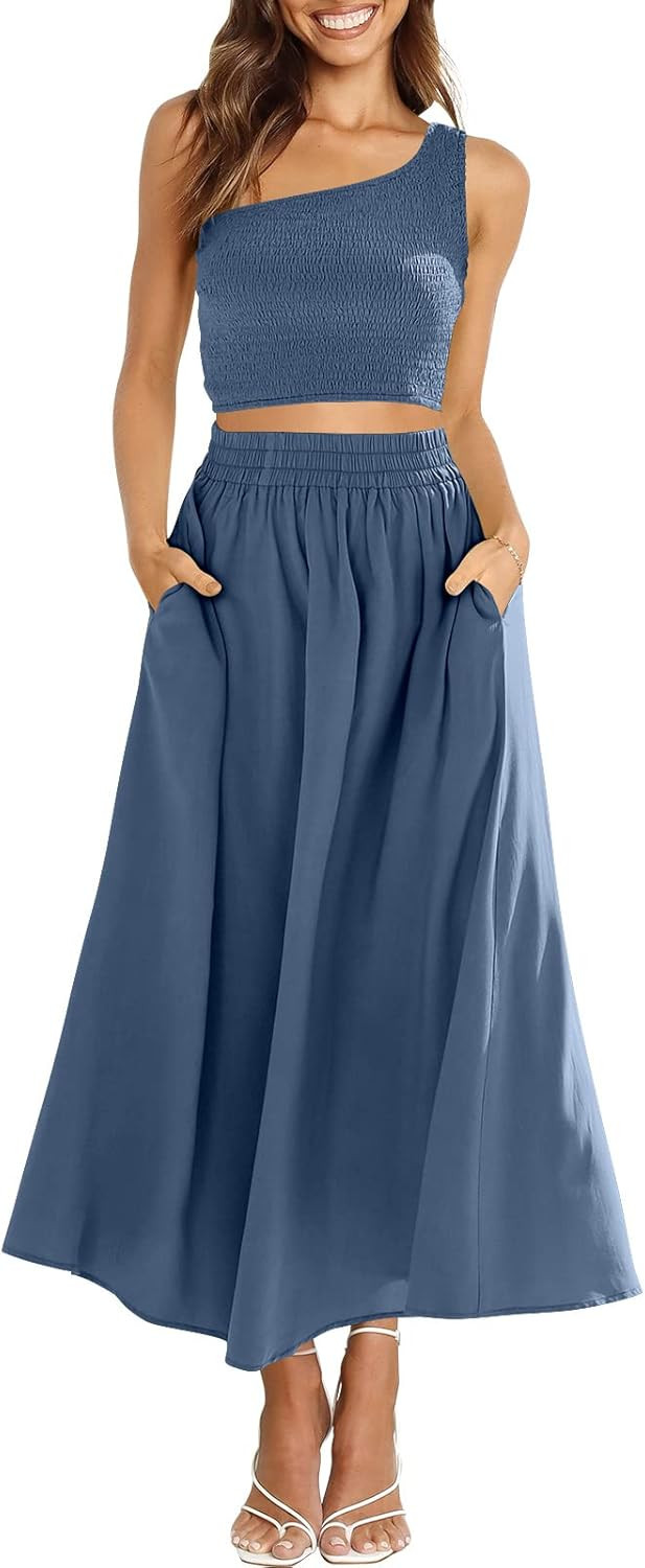 ANRABESS Women's 2 Pieces Outfits One Shoulder Smocked Crop Top & High Waist Long Skirt Dress Set... | Amazon (US)