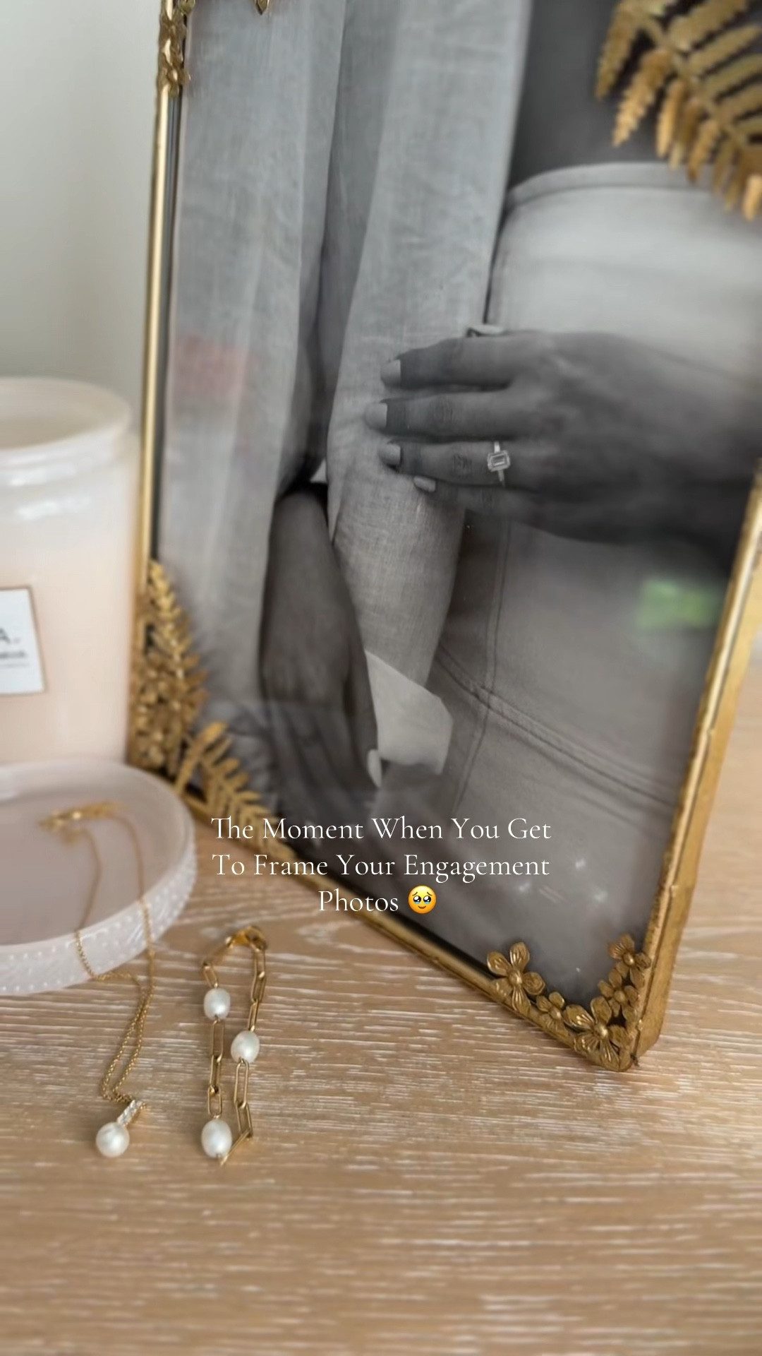 Engagement photos, framed engagement photos, gold picture frame, dainty gold picture frame, pearl necklace, pearl bracelet, dainty jewelry, bridal jewelry 