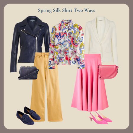Spring silk blouse worn two ways. With wide leg jeans and navy leather biker jacket or with a full pink skirt and white blazer 

#LTKover40 #LTKeurope #LTKstyletip