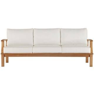 Marina Natural Teak Outdoor Sofa with White Cushions | The Home Depot