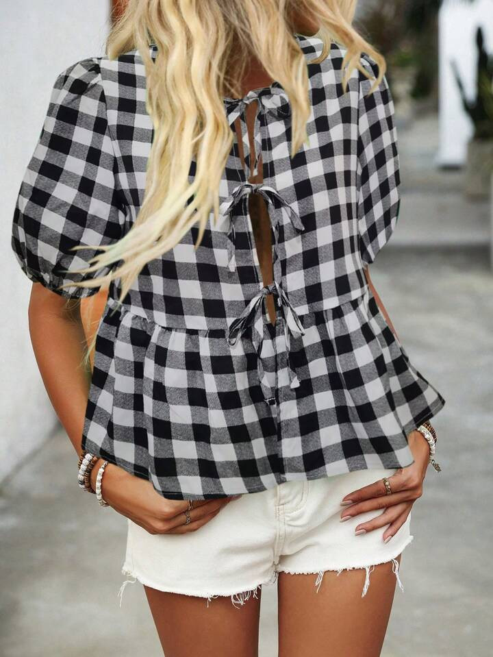 SHEIN LUNE Women's Fashion Plaid Short Sleeve Shirt | SHEIN