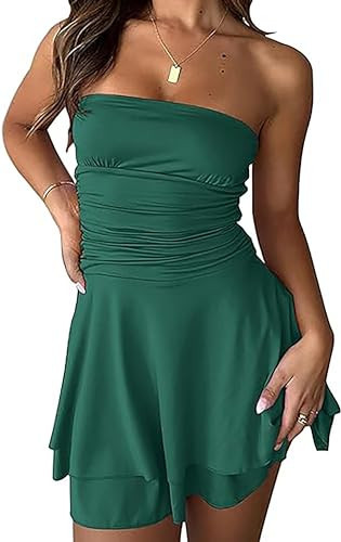 AIHUKOCY Women Strapless Ruched Waisted Tube Mini Dress Tiered Ruffled Hem Solid Slim Sexy Flowy Tube Short Dresses Green | Amazon (US)