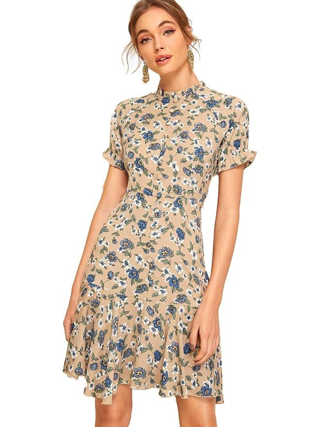 Romwe Women's Ditsy Floral Print Button Front Ruffle Hem Tea Dress | Amazon (US)