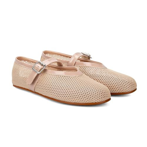 Arqa Mesh Ballet Flats for Women Summer Fishnet Ballerina Shoes Buckle Strap Mary Jane Flat Causal Daily Dress Shoes Nude Size 10 | Amazon (US)