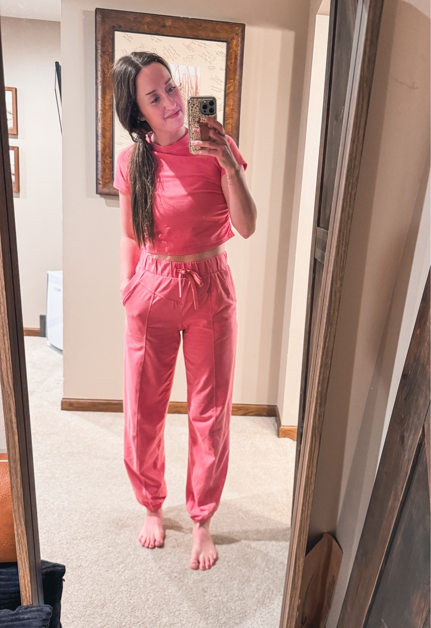 This jogger set is cute and super comfortable! Wearing a small in the pants and a medium in the top.