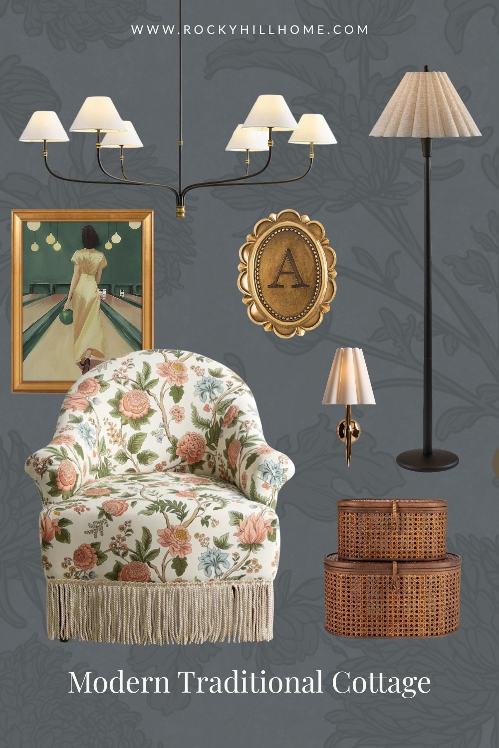 I’m loving this curated Modern Traditional Cottage furniture and decor collection. The floral chair with fringe, lighting with wide scalloped shades, rattan oval boxes, and vintage inspired wall decor, would look great in a modern cottage home, feminine home office, or bedroom. 

#LTKHome