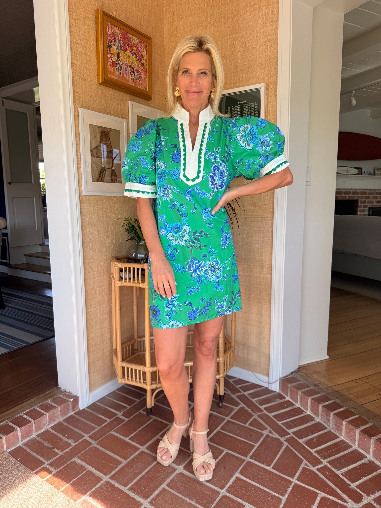 Green floral puff sleeve dress outfit. 

 #LTKootd #LTKOver40