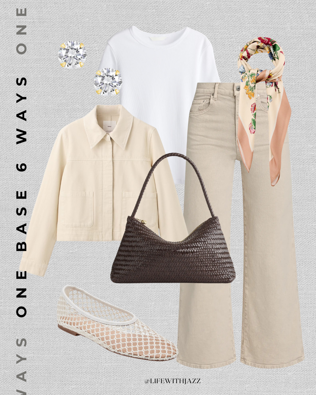 1 base 6 ways outfit with beige jeans 

spring style / summer style / casual style / beige wide leg jeans / ribbed tee / cream barn jacket / scarf / mini woven purse madewell / mesh ballet flats  

 

#LTKootd