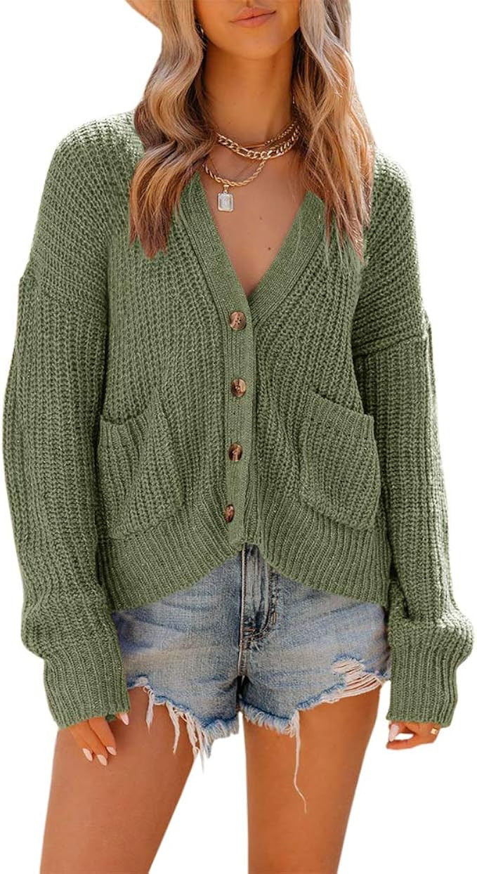 TTshoes Womens Open Front Button Down Cardigan Sweaters Long Sleeve Casual Chunky Knit Loose Cozy... | Amazon (US)