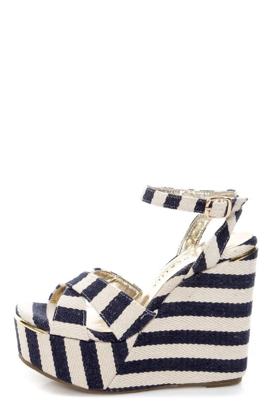Very Volatile Nauttie Navy Blue Striped Platform Wedge Sandals | Lulus