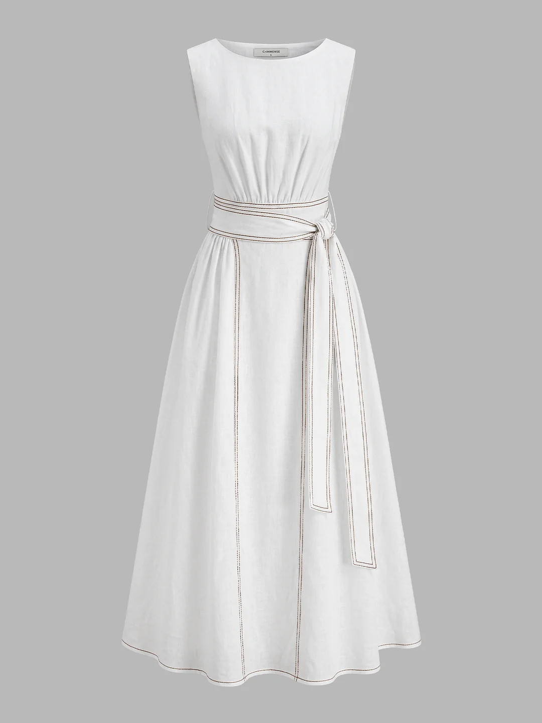 Cotton Linen Sleeveless Belted Maxi Dress | Commense