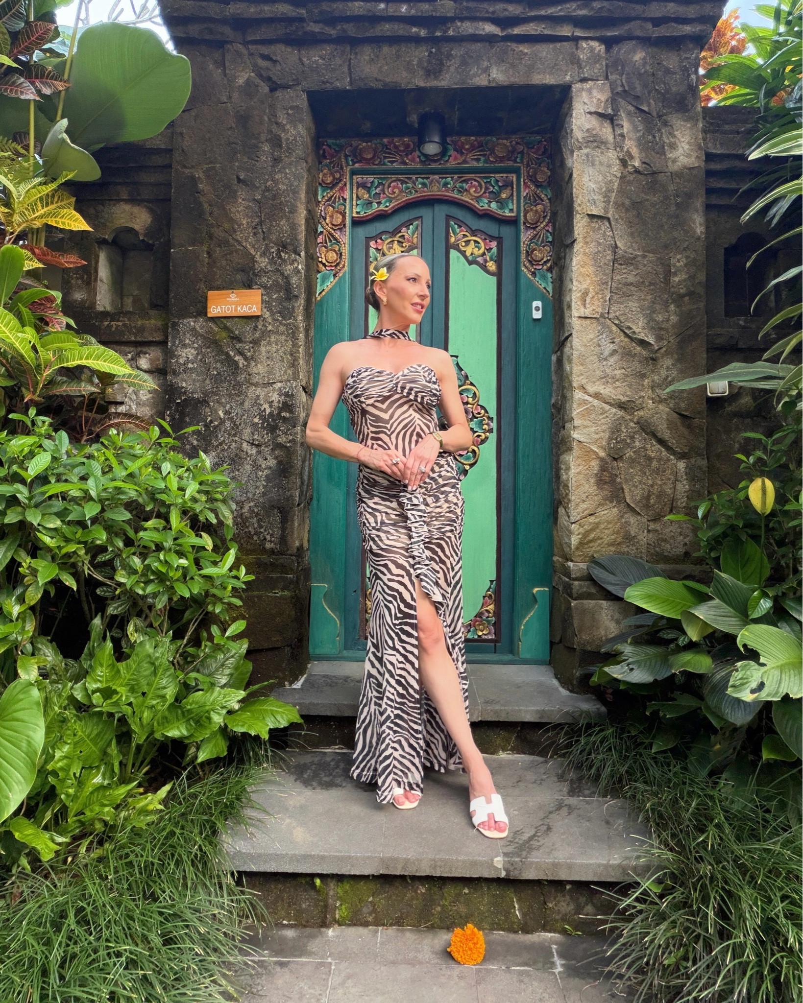 #ad What to wear to a Balinese dinner in Ubud. This zebra print mesh dress is @Superdown from @Revolve & it was made for a setting like this. I had it hemmed so I could wear it with flats or heels at 5'2". Best decision. 📍@pramanawatukurung Ubud, Bali.

#Revolve #RevolveME #BaliStyle #BaliFashion