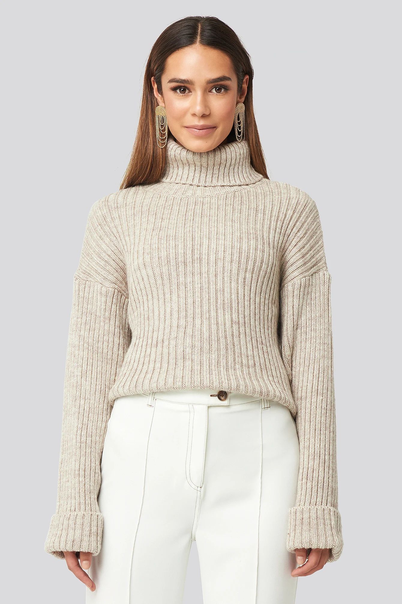 Ribbed Knitted Turtleneck Sweater Beige | NA-KD DE, AT, CH