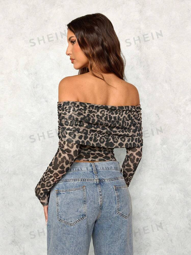 SHEIN SXY 1pc Women Casual Leopard Print Off-Shoulder Form-Fitting Top, Autumn | SHEIN
