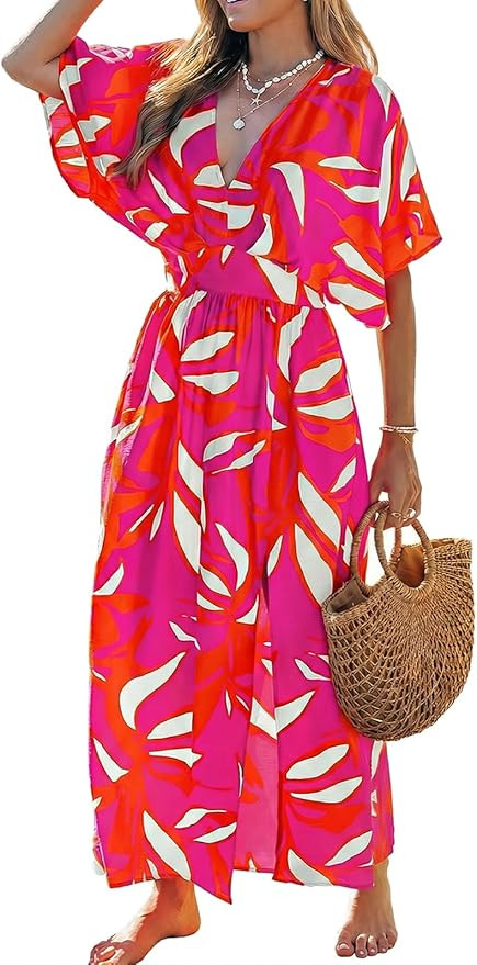 CUPSHE Women Boho Maxi Summer Dress Plunging V Half Dolman Sleeve Empired Waist Side Slit Sundres... | Amazon (US)