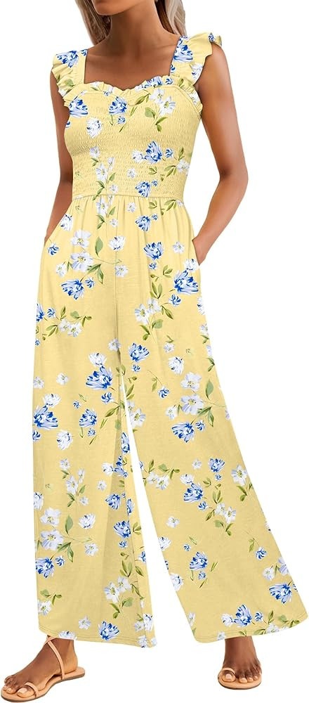 Caracilia Womens Jumpsuit Sleeveless Casual Dressy Smocked Wide Leg Rompers Summer Vacation Jumpe... | Amazon (US)