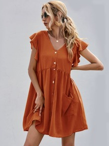 Dual Pocket Ruffle Cuff Smock Dress | SHEIN