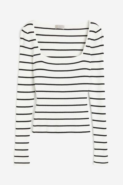 Square-neck rib-knit top - White/Black striped - Ladies | H&M GB | H&M (UK, MY, IN, SG, PH, TW, HK)