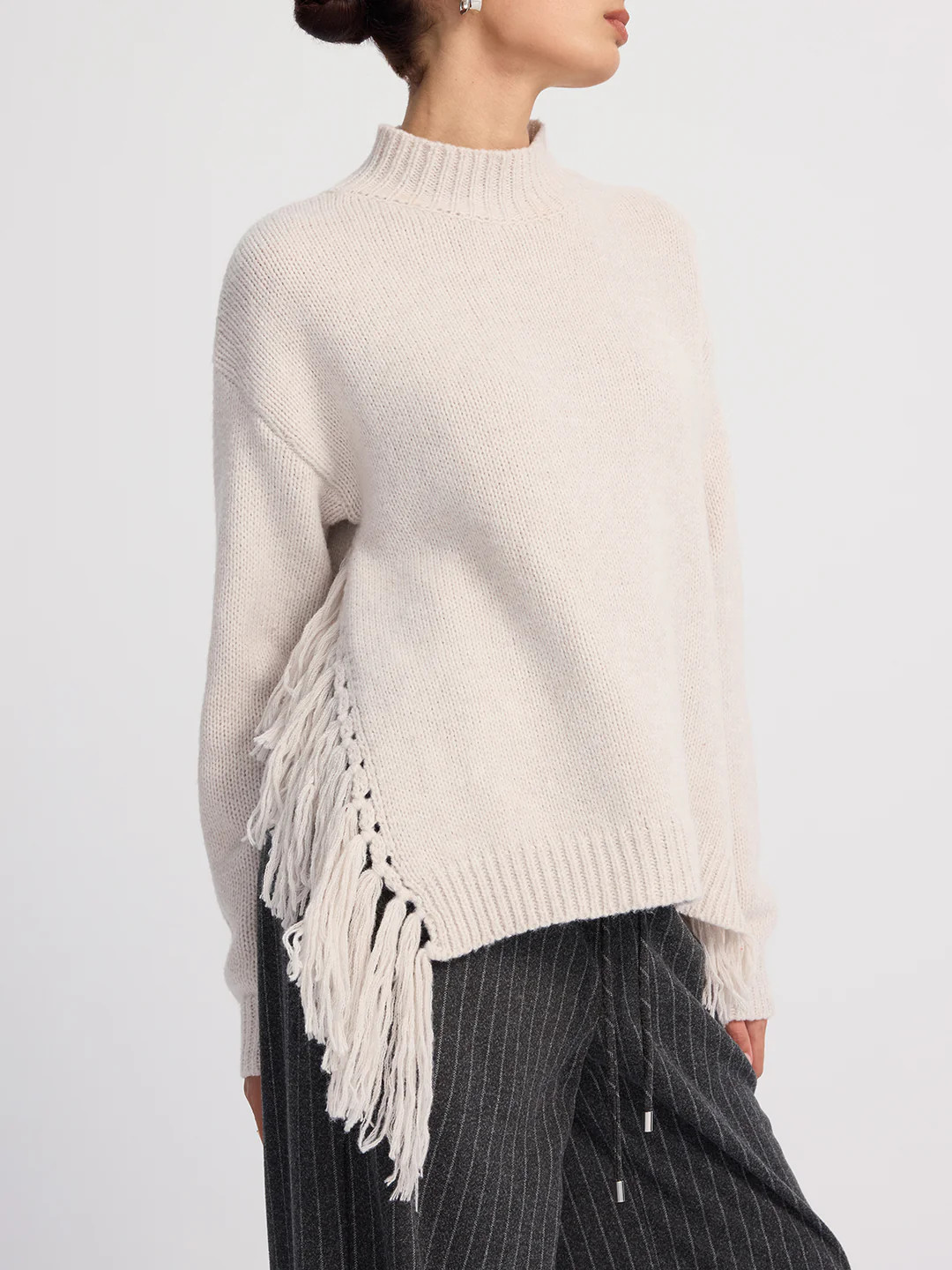 Oversized Fringe Mock-Neck Sweater | Commense