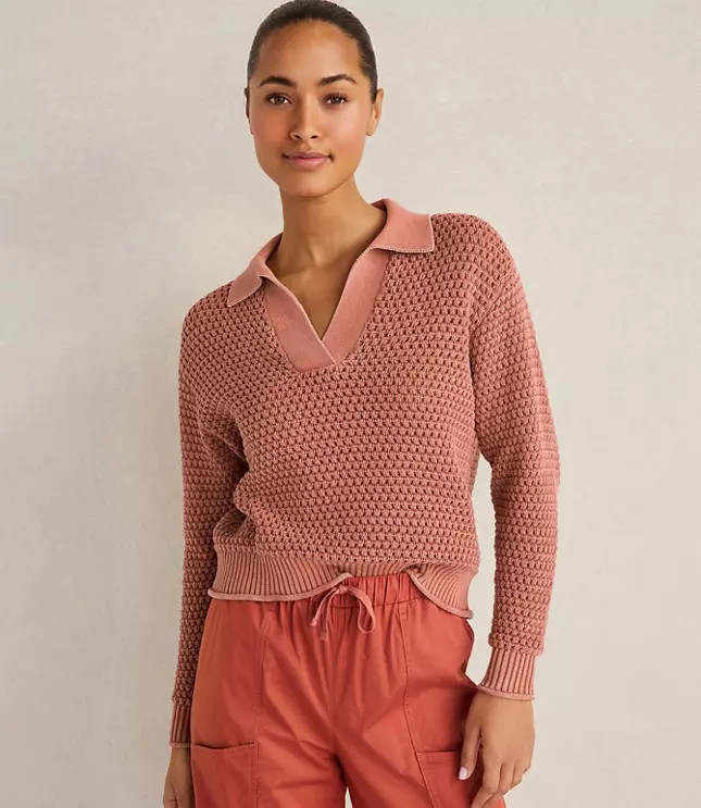 Haven Well Within Cotton Wave Stitch Johnny Collar Sweater | LOFT