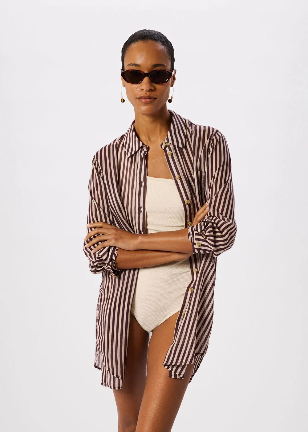 Burgundy/Multi Stripe Long Sleeve Beach Shirt | WHISTLES | Whistles UK | | Whistles