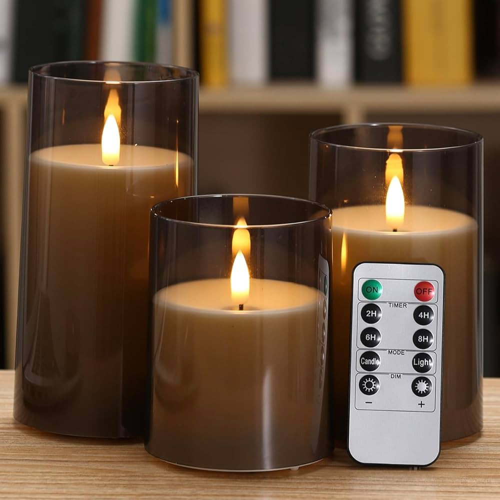 Flameless Candles with Remote and Timer, Grey Acrylic Battery Operated Flickering LED Pillar Cand... | Amazon (US)
