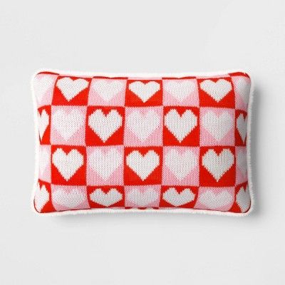 Valentine's Day Knit Checkered Hearts Lumbar Throw Pillow Pink/Red/White - Room Essentials™ | Target