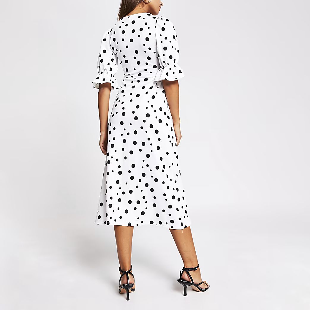 White polka dot puff sleeve midi dress | River Island (UK & IE)