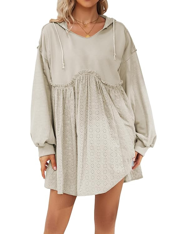 MSBESYOR Women Oversized Patchwork Long Sleeve Hooded Sweatshirt Drawstring Raw Edge Pullover Bab... | Amazon (US)