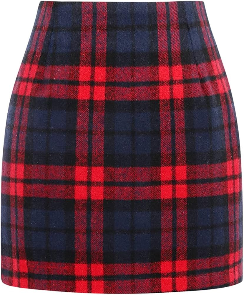 Kinghua Womens Wool Plaid Mini Skirt Fall Winter High Waisted Bodycon Pencil Skirt | Amazon (US)