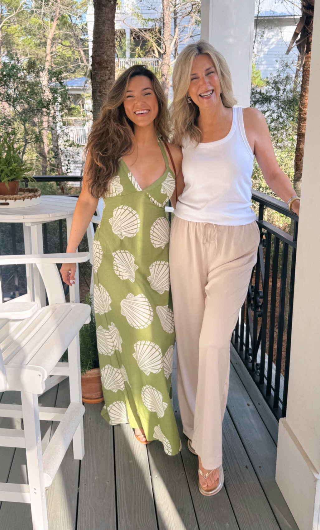 Green maxi dress with seashells for beach vacation or family beach trip