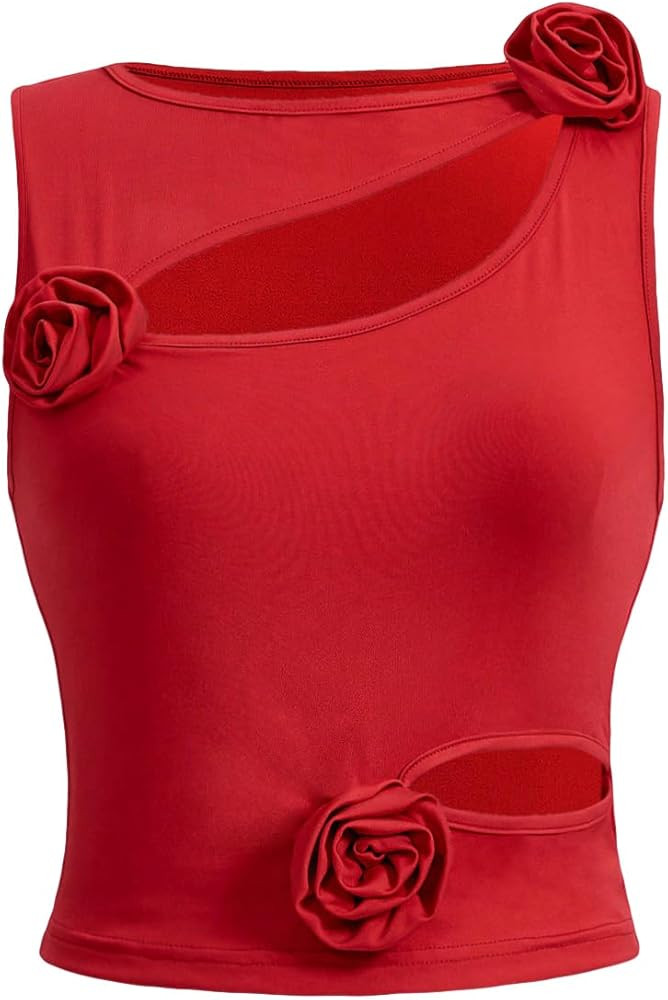 OYOANGLE Women's 3D Flower Cut Out Sleeveless Tank Top Asymmetrical Neck Rib Knit Solid Tops | Amazon (US)