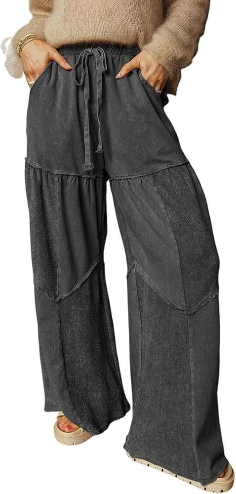 Palazzo Pants for Women Mineral Wash Tiered Drawstring High Waist Casual Wide Leg Lounge Pant wit... | Amazon (US)