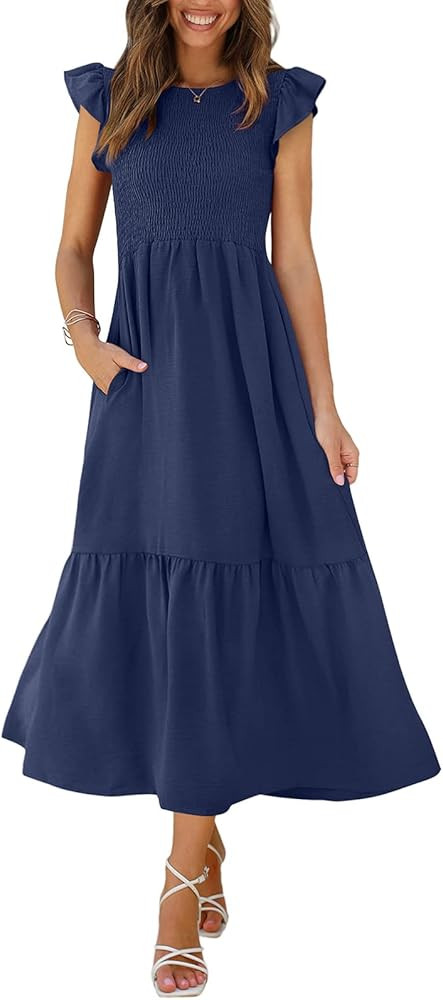 OFEEFAN Women's Casual Maxi Dresses with Pockets Ruffle Sleeve Smocked Dress XS-2XL | Amazon (US)