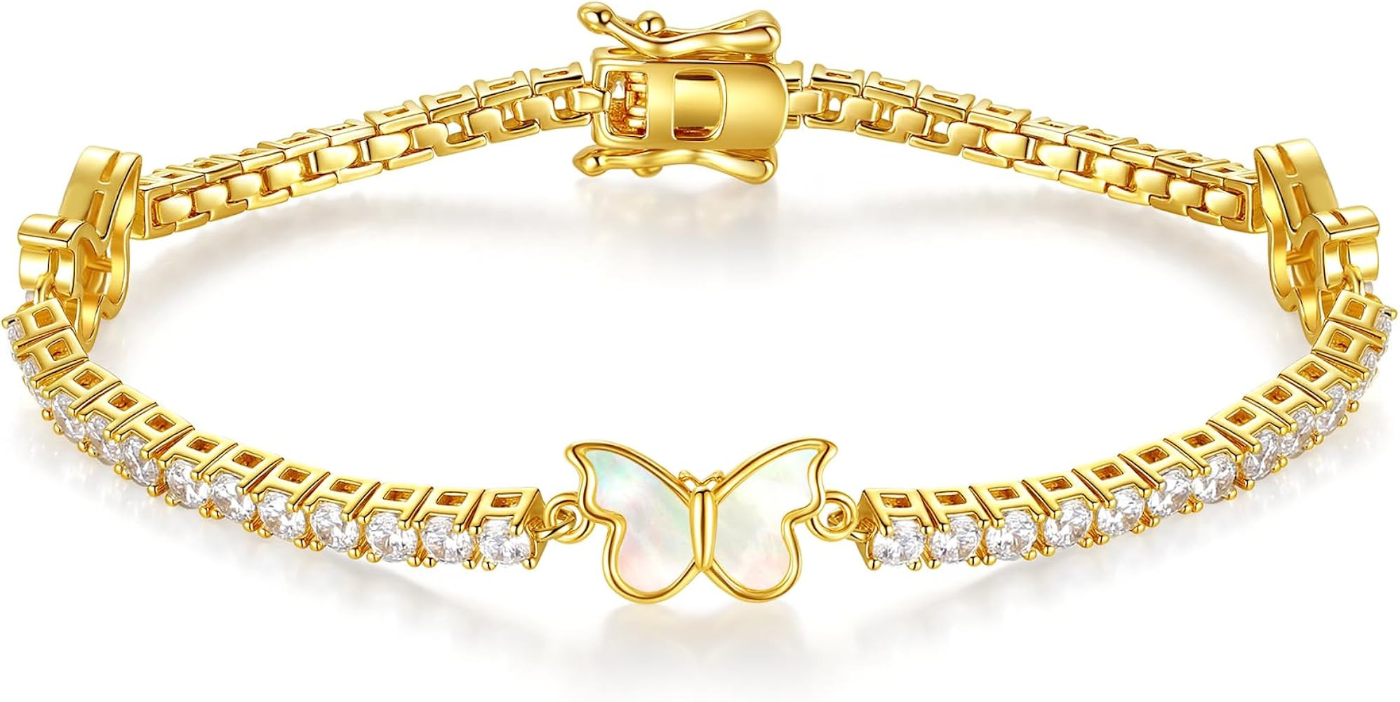 18K Gold Plated Brass Bracelet for Women, Dainty Mother of Pearl Butterfly Gold Bracelets, Tennis... | Amazon (US)