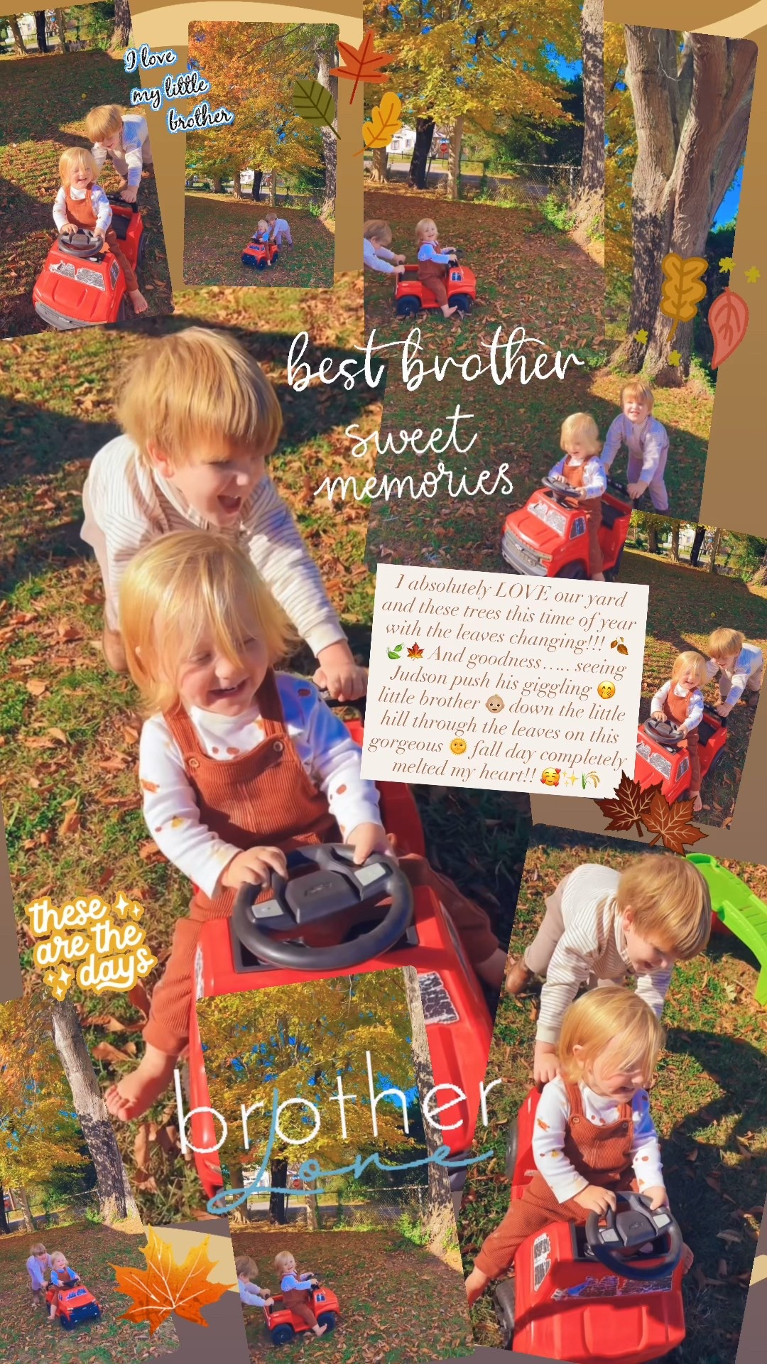 I absolutely LOVE our yard and these trees this time of year with the leaves changing!!! 🍂🍃🍁 And goodness….. seeing Judson push his giggling 🤭 little brother 👶🏼 down the little hill through the leaves on this gorgeous 🌞 fall day completely melted my heart!! 🥰✨🌾