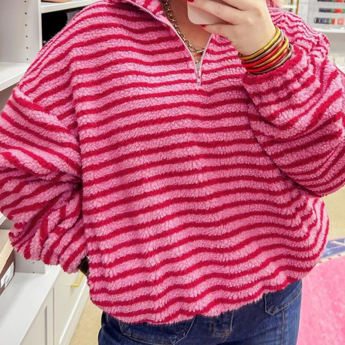 Striped Quarter-Zip Fleece Sweatshirt | Charming Charlie