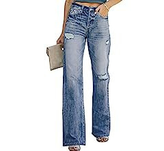 Sidefeel Women Mid Rise Distressed Flare Wide Leg Jeans Ripped Hole Denim Pants | Amazon (US)